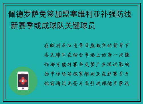 佩德罗萨免签加盟塞维利亚补强防线 新赛季或成球队关键球员