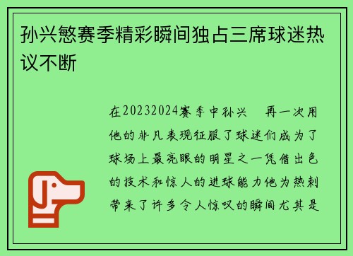 孙兴慜赛季精彩瞬间独占三席球迷热议不断