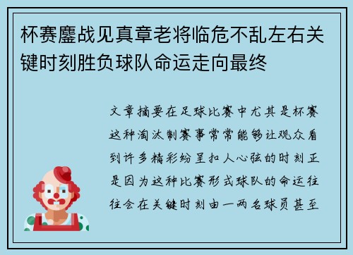杯赛鏖战见真章老将临危不乱左右关键时刻胜负球队命运走向最终